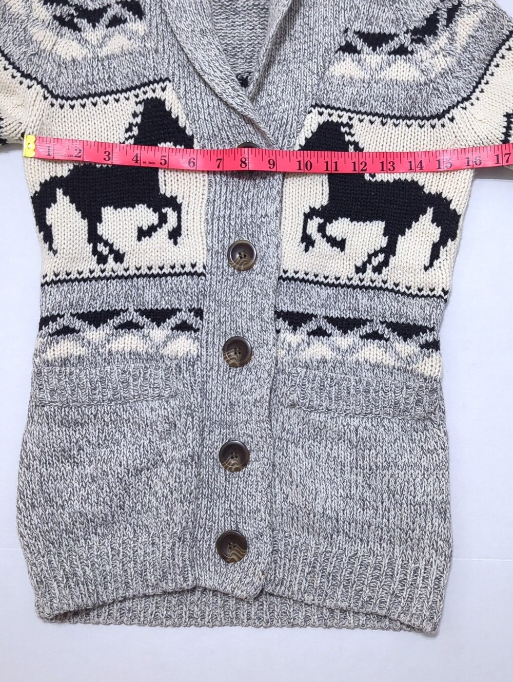 Cowichan Style Western Aztec Horse Knit Button Front Cardigan Shawl Collar XS - Picture 7 of 10